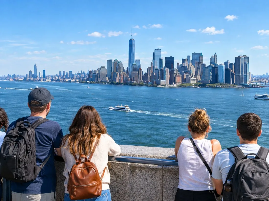 Visitantes en la barandilla de piedra del mirador del pedestal, con el puerto y el horizonte de la ciudad abajo