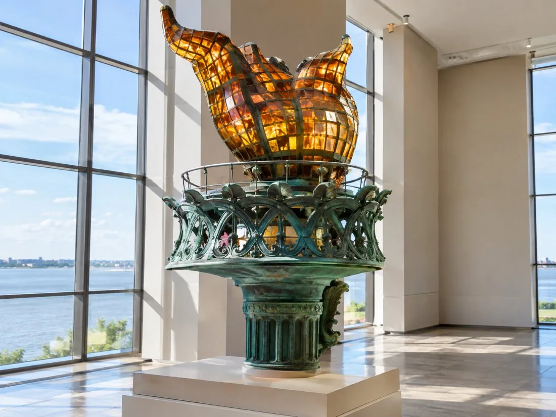 La antorcha original de cobre y cristal de la estatua expuesta sobre un pedestal en una galería de museo bien iluminada
